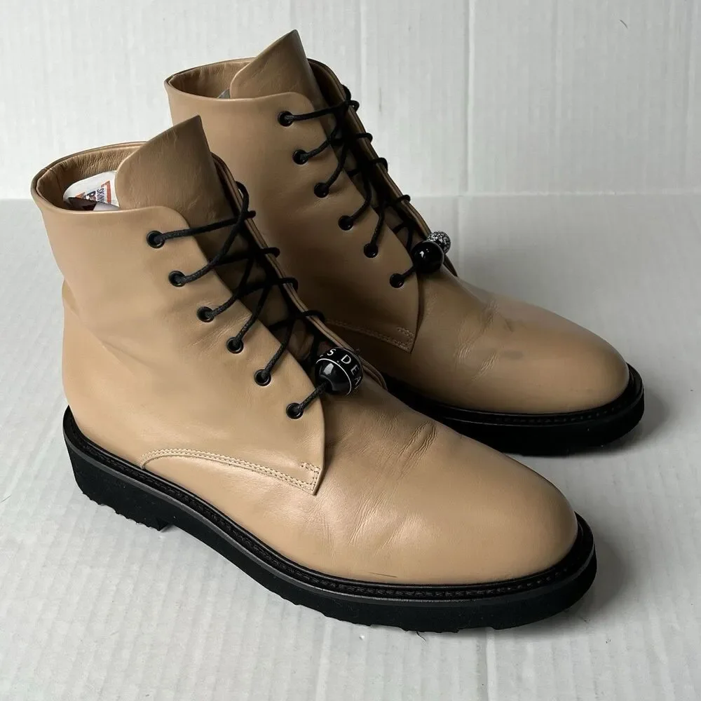 DEAR FRANCES Park Boot Womens 9.5 Camel Tan Leather Lace Up Ankle Combat Beaded